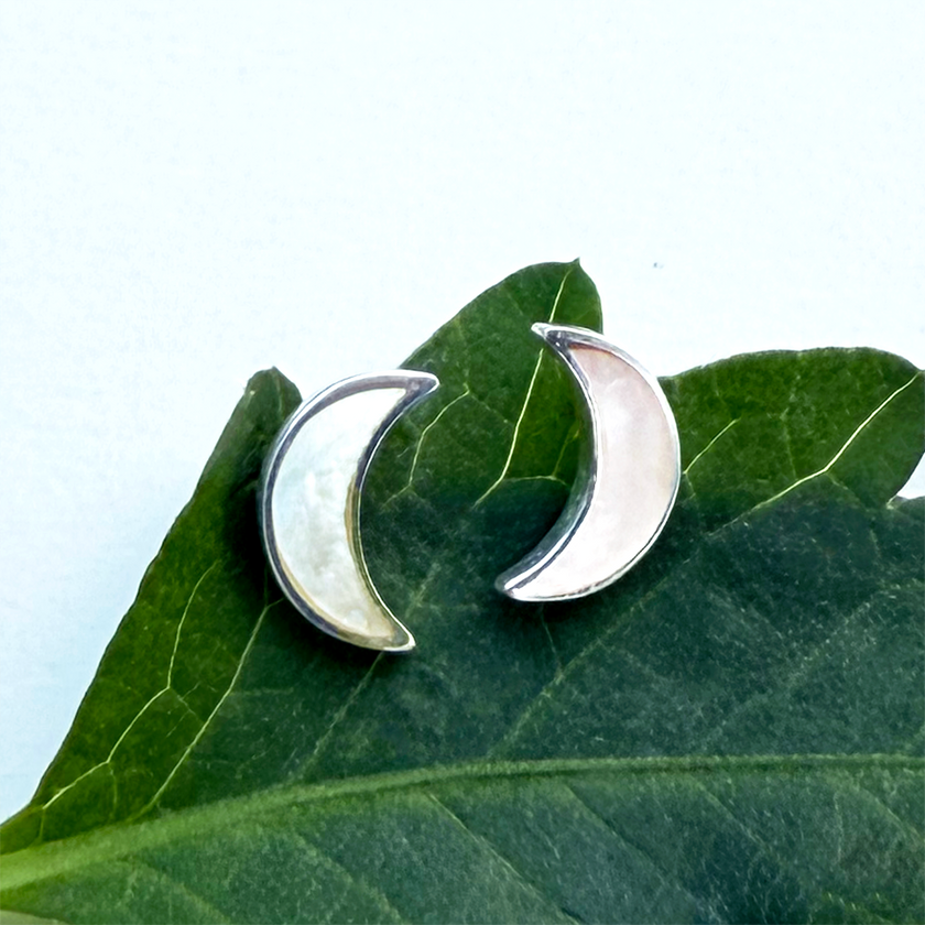 Mother-of-Pearl Moon Studs - Sterling Silver, Indonesia
