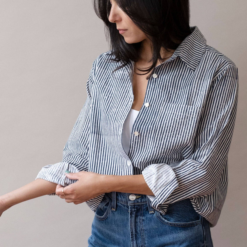 Pali Top- Stripes Navy in Double Cotton Gauze
