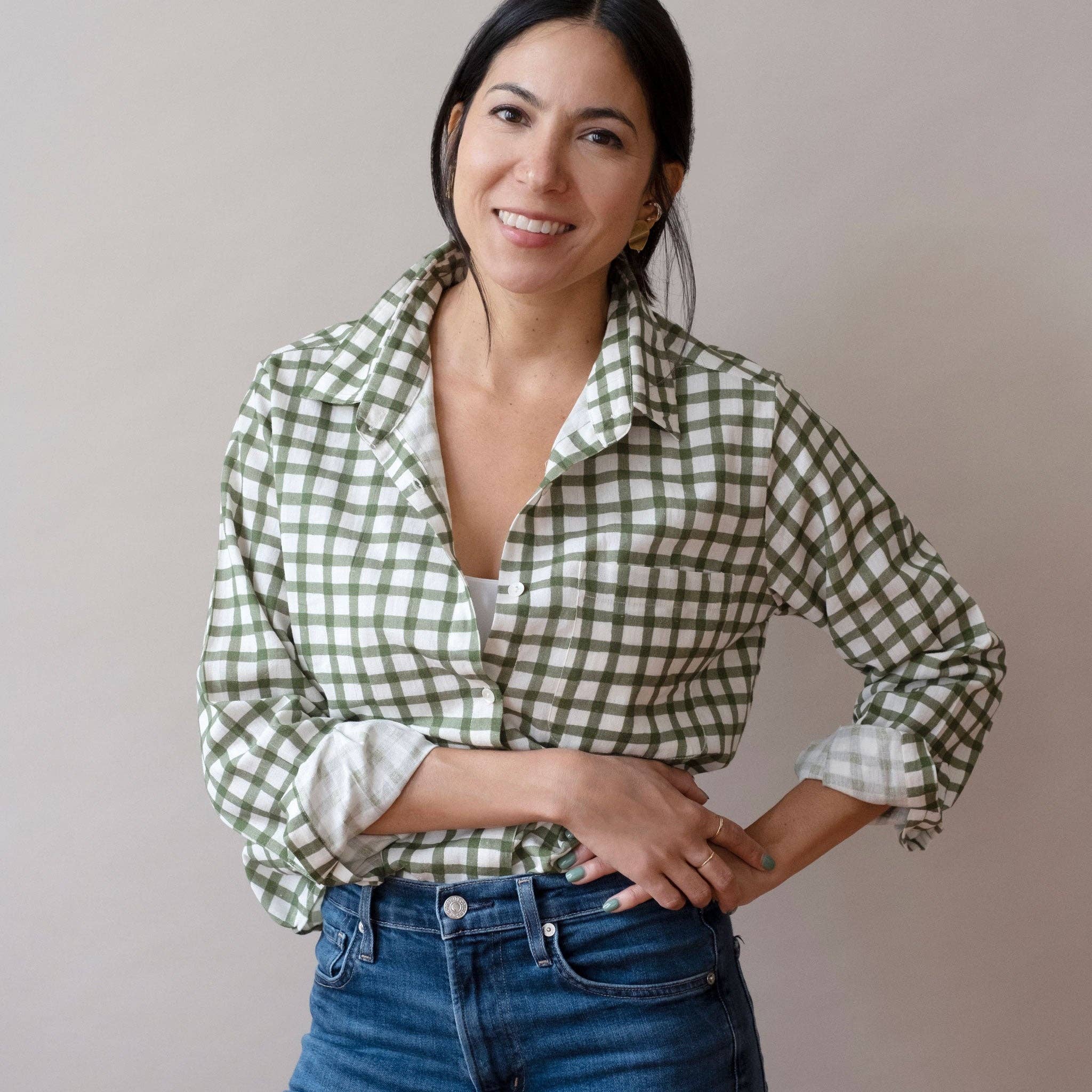 Pali Top- Gingham Forest in Double Cotton Gauze