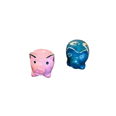 Two small pig-shaped figurines, one pink and one blue, on a white background.