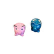 Two small pig-shaped figurines, one pink and one blue, on a white background.
