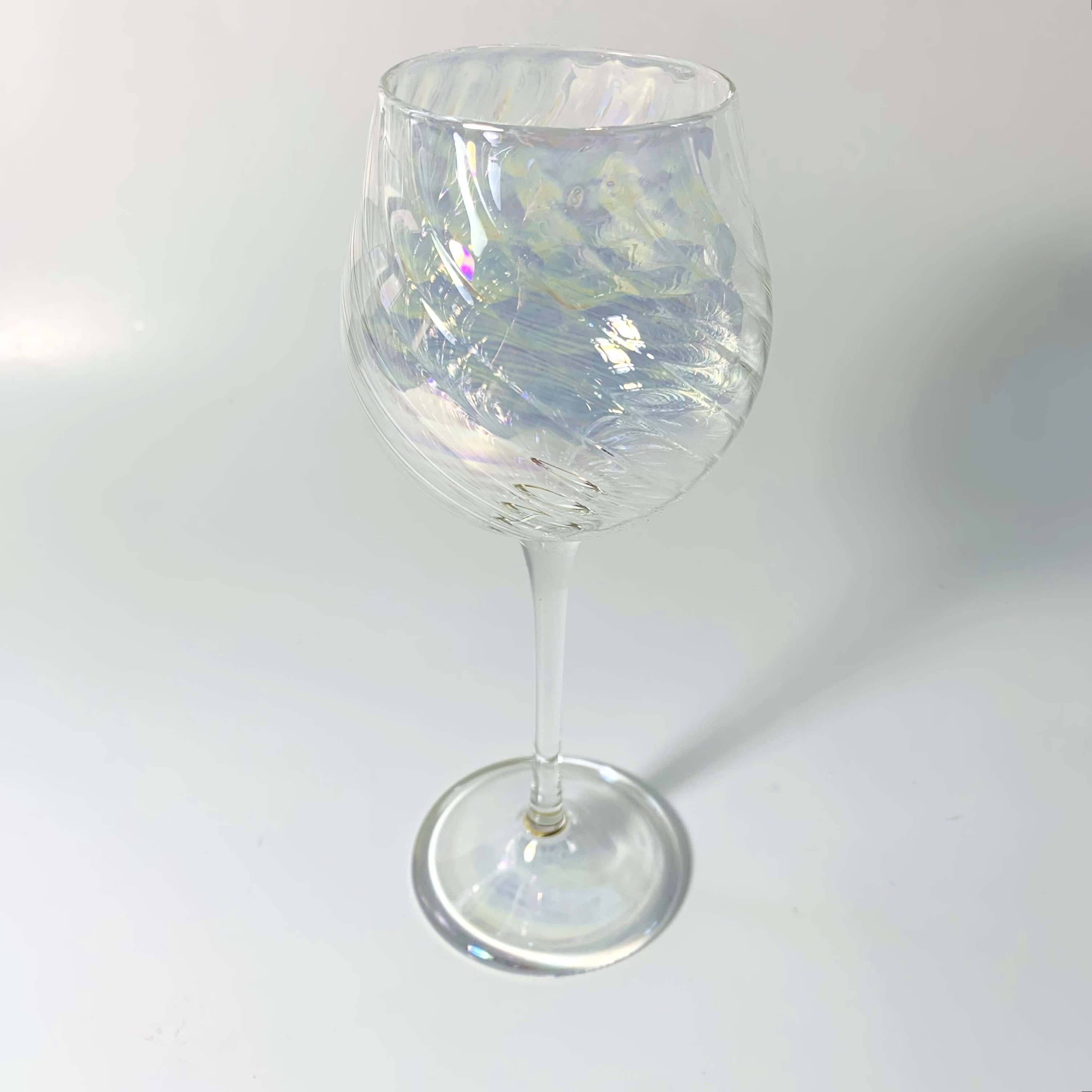 Blown Glass Long Stem Wine Glass: Iridescent Clear