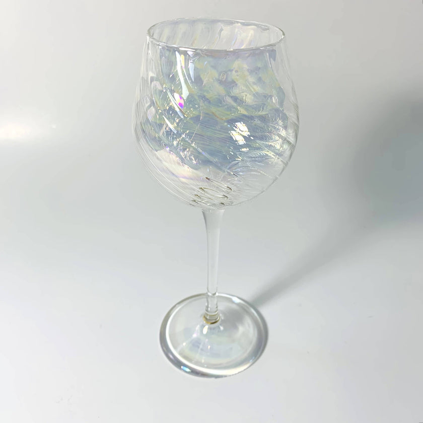 Blown Glass Long Stem Wine Glass: Iridescent Clear
