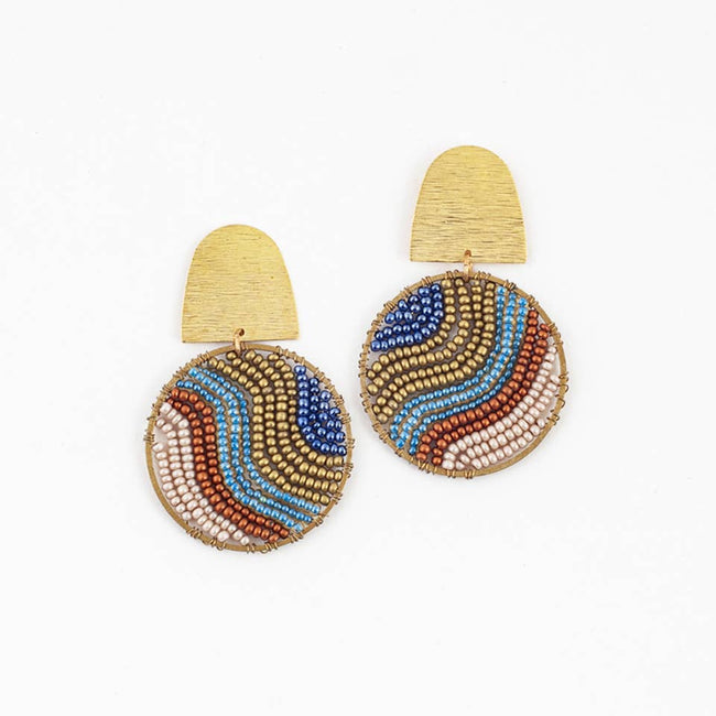 Beaded and Brass Flow Post Earrings: Multi Bronze