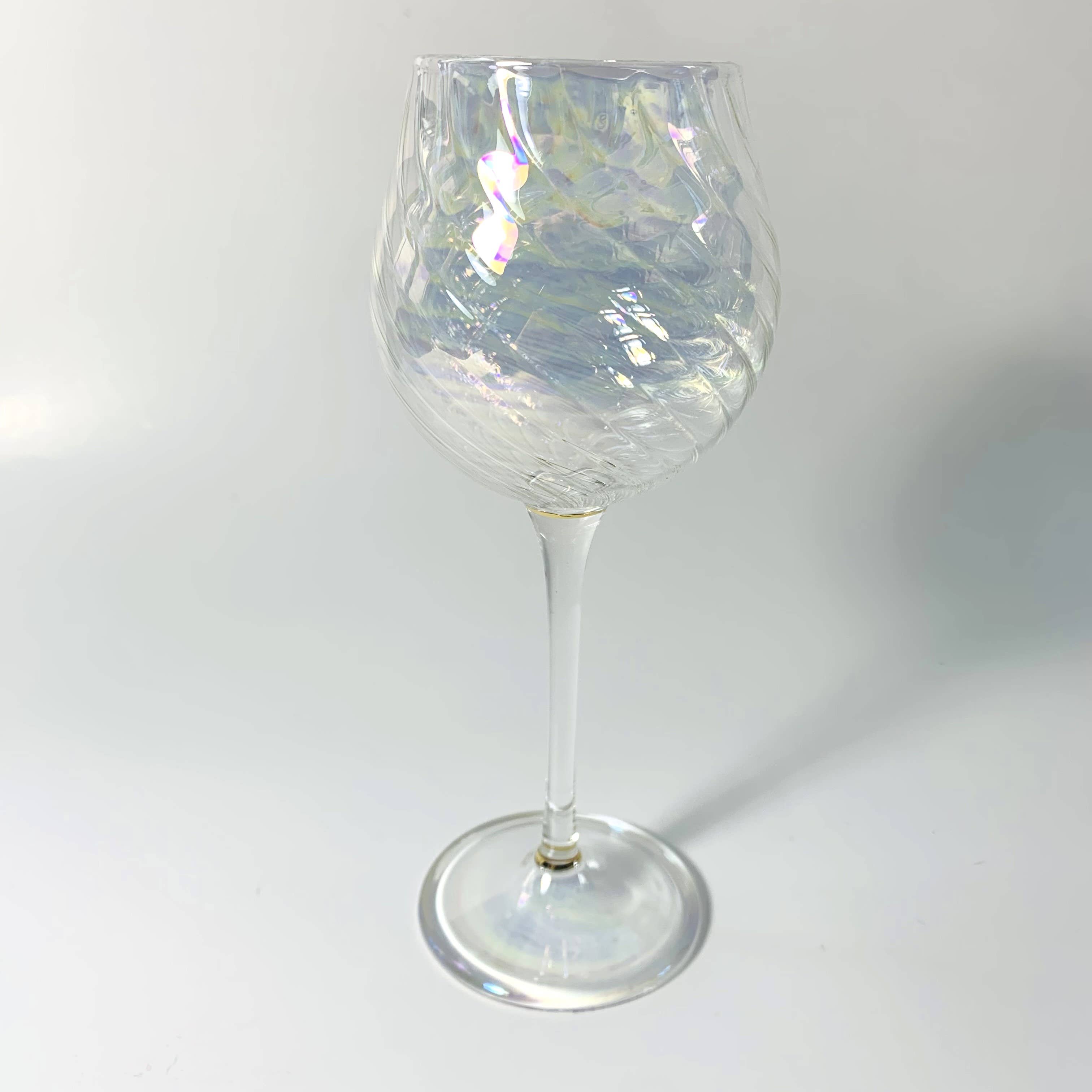 Blown Glass Long Stem Wine Glass: Iridescent Clear
