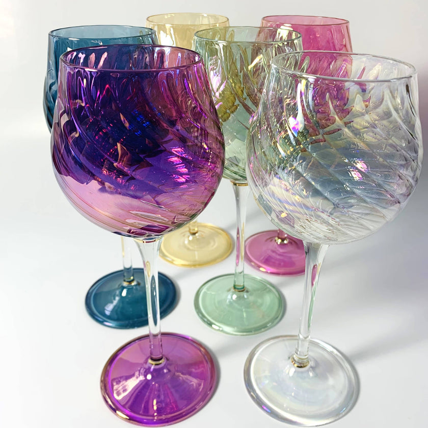 Blown Glass Long Stem Wine Glass: Iridescent Pink
