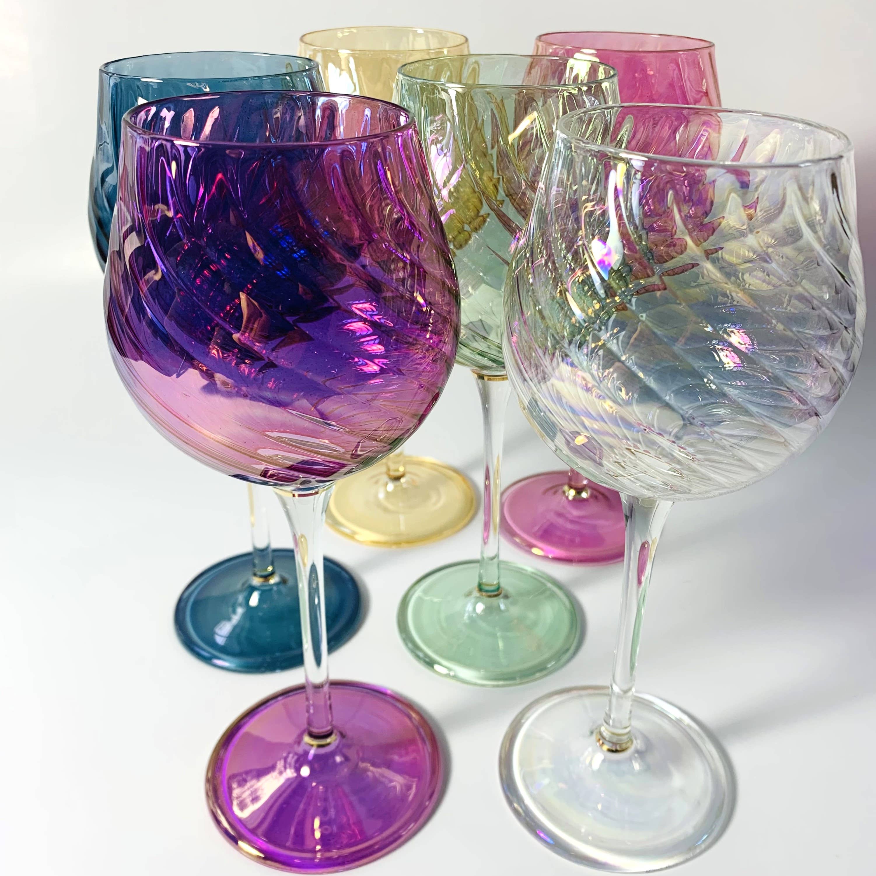 Blown Glass Long Stem Wine Glass: Iridescent Green
