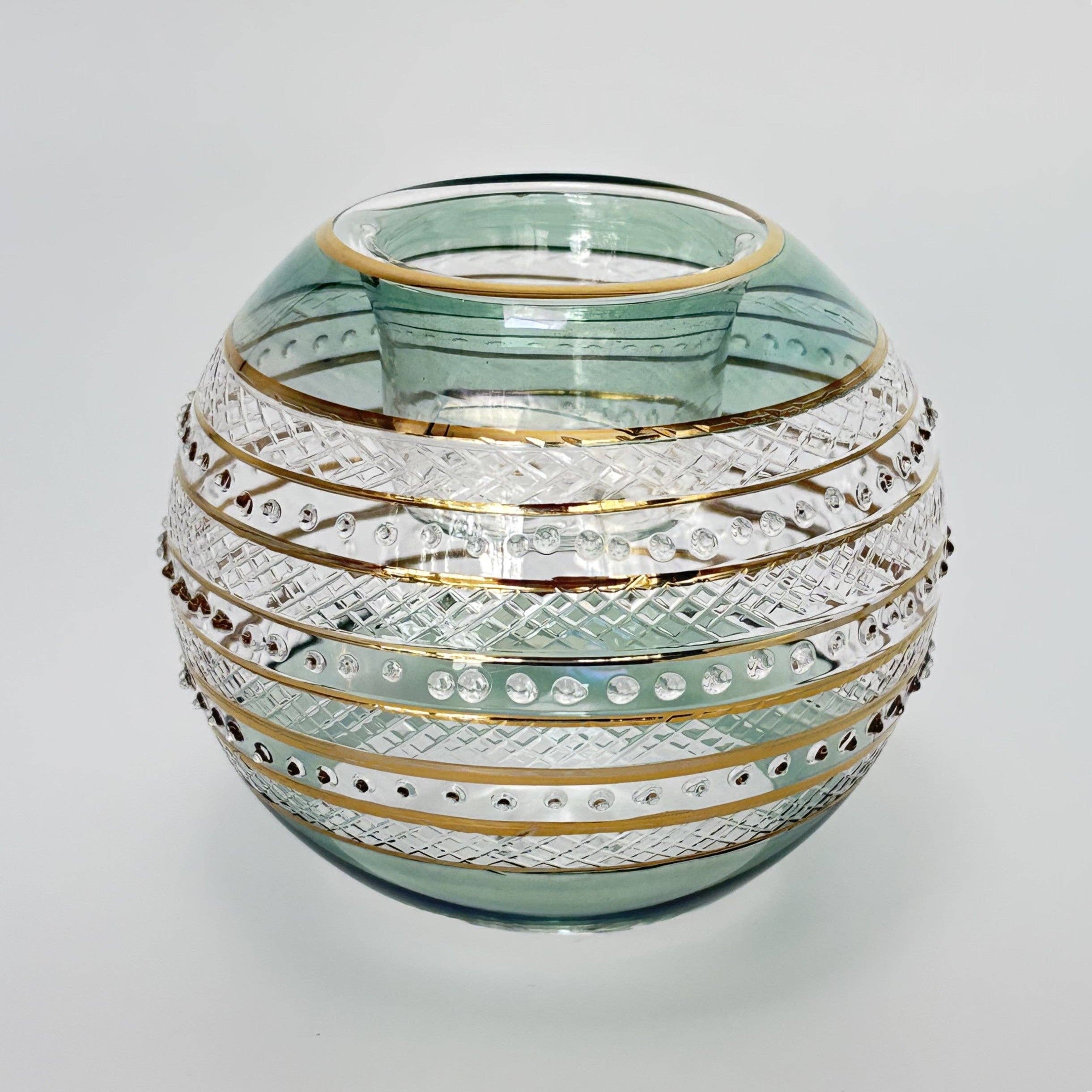 Blown Glass Candle Holder - Sparkle Rings with Green Rim