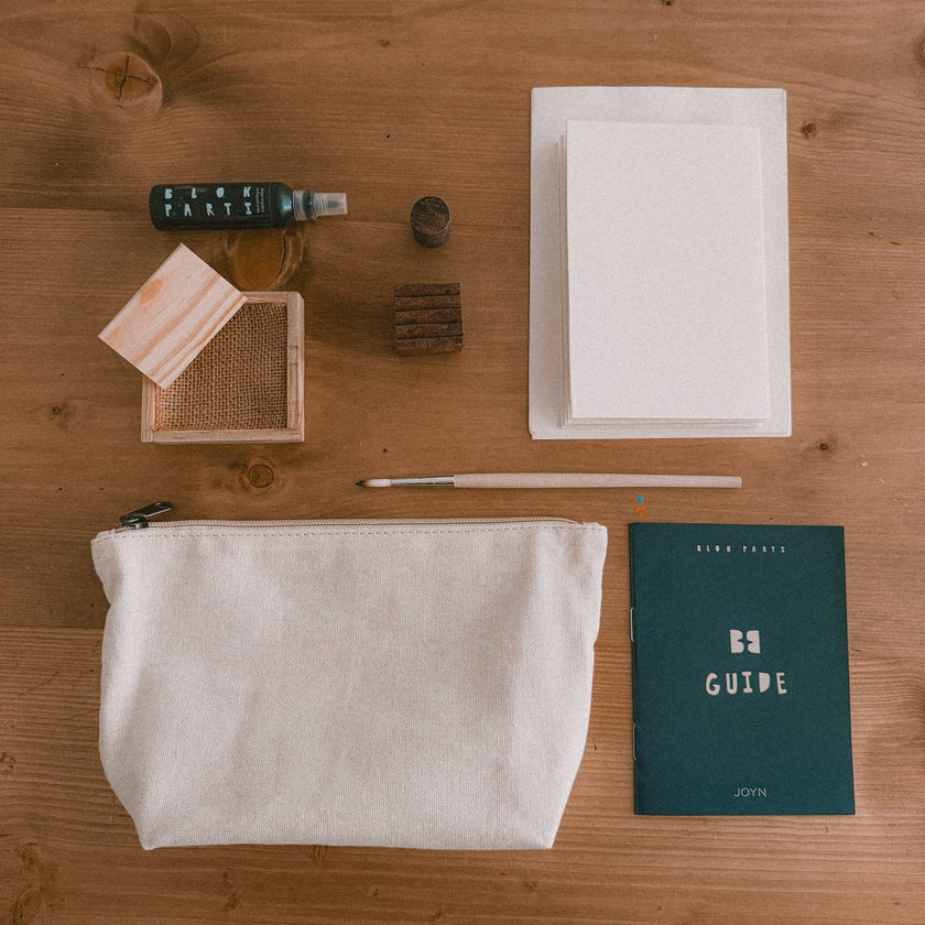 Block Printing Pouch Kit - Check & Dot Print | Hand-Carved Wood Blocks + Canvas Zip Pouch