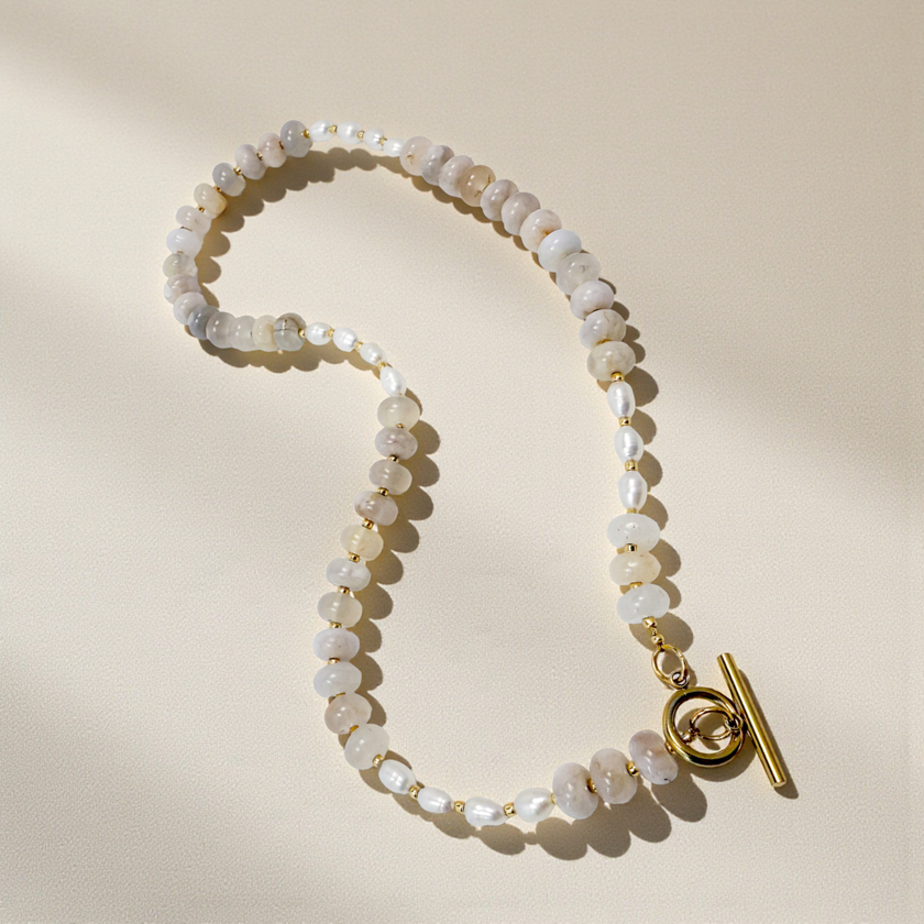 Mist Freshwater Pearl & Bold Gemstone Beaded Necklace