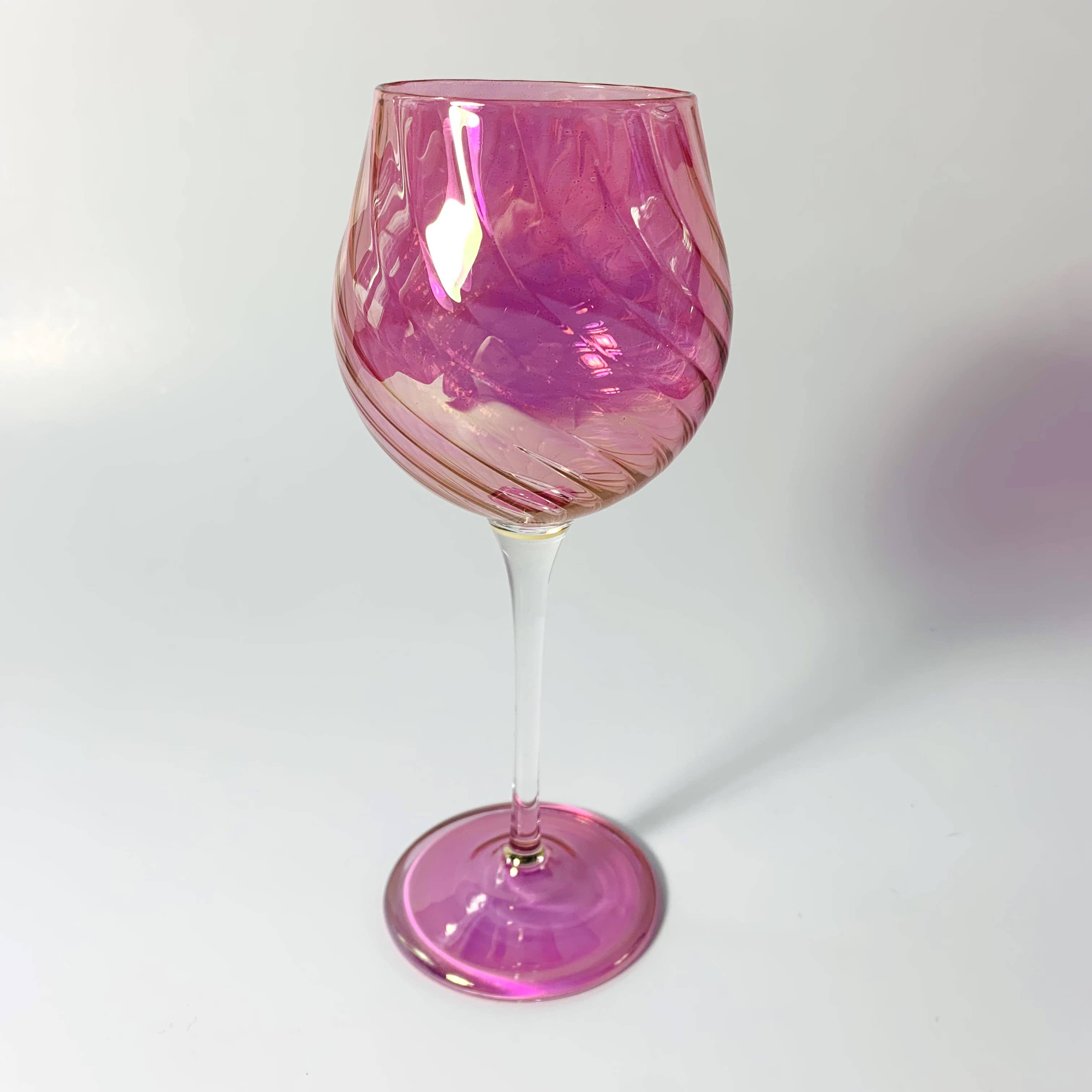 Blown Glass Long Stem Wine Glass: Iridescent Pink