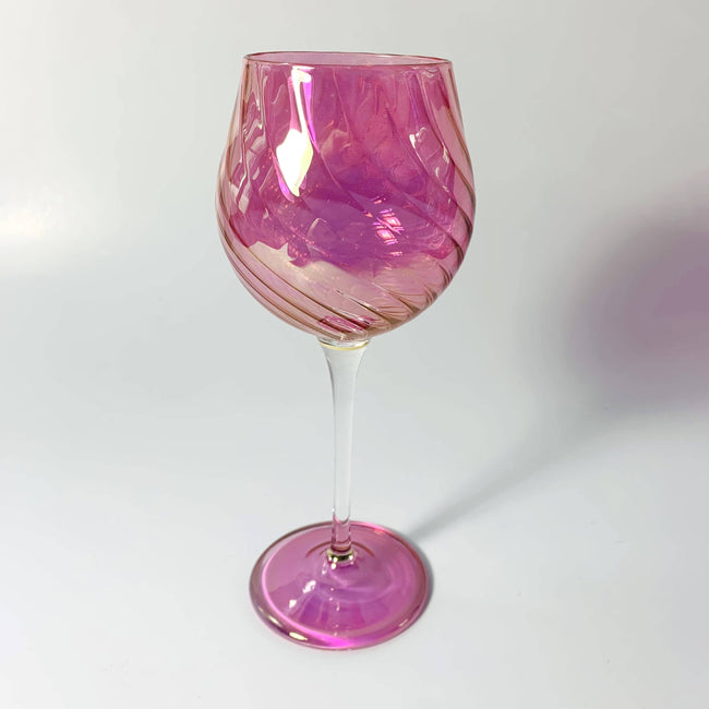 Blown Glass Long Stem Wine Glass: Iridescent Pink