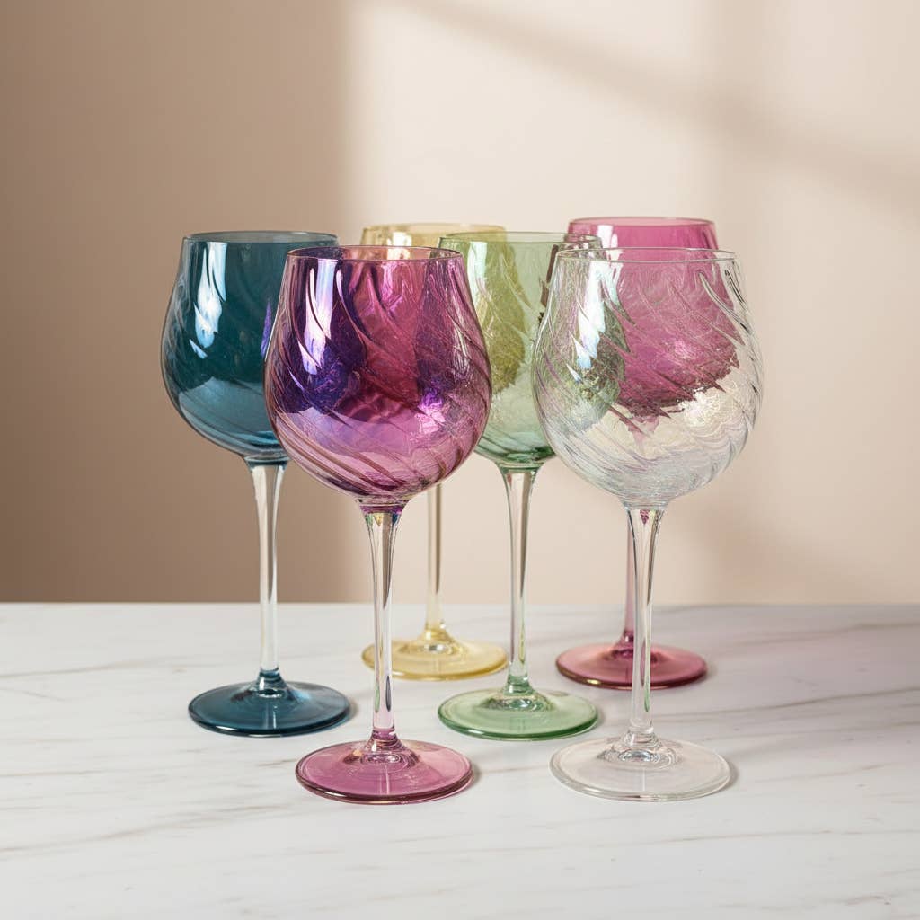 Blown Glass Long Stem Wine Glass: Iridescent Pink
