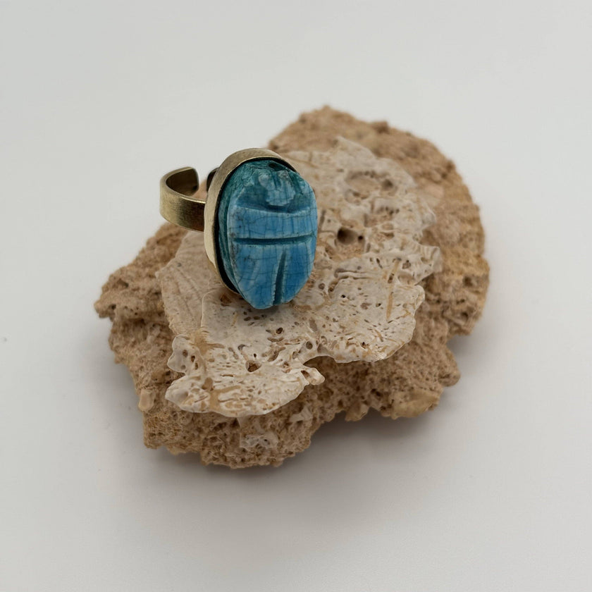 Handmade Brass Ring - Faience Scarab: Turquoise