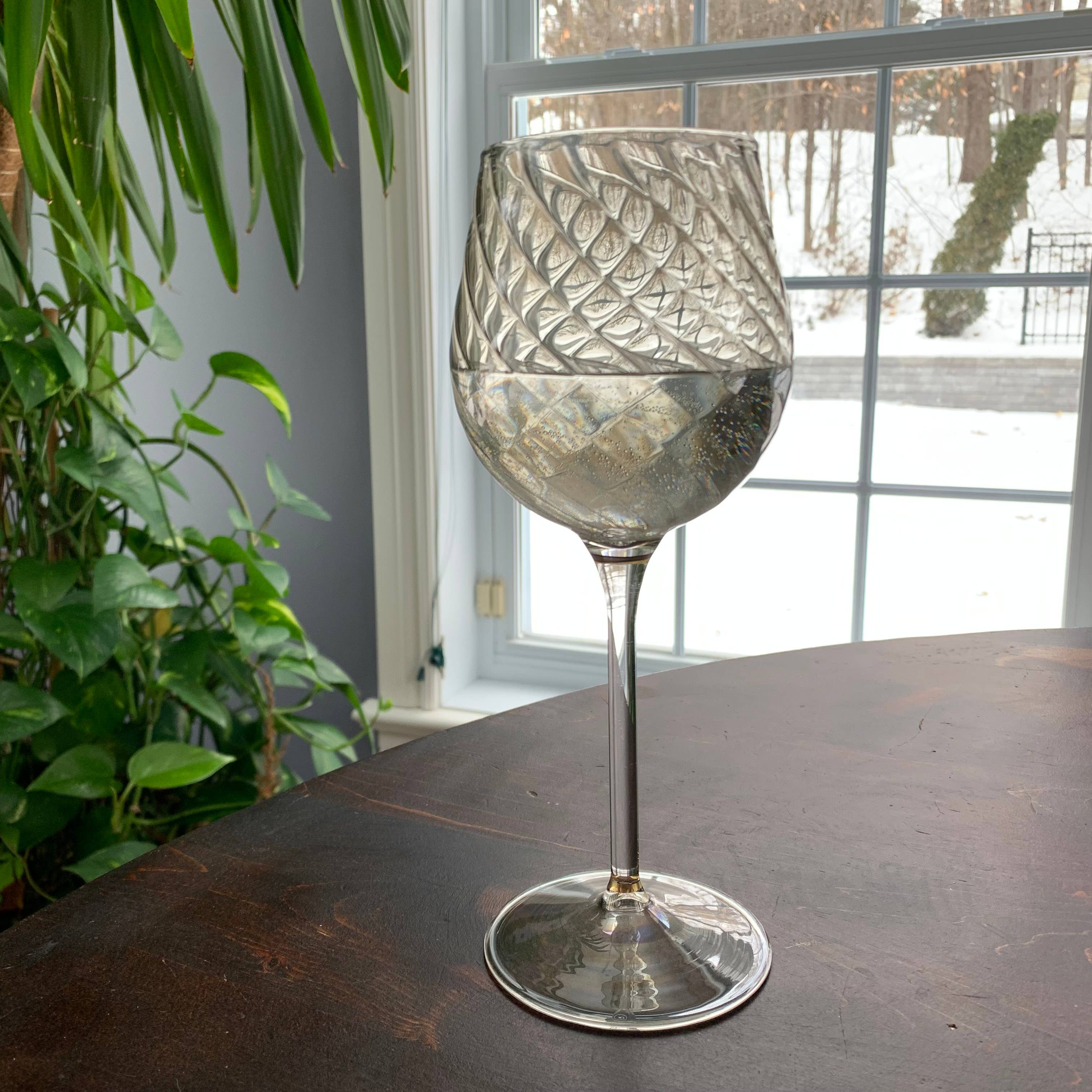 Blown Glass Long Stem Wine Glass: Iridescent Clear