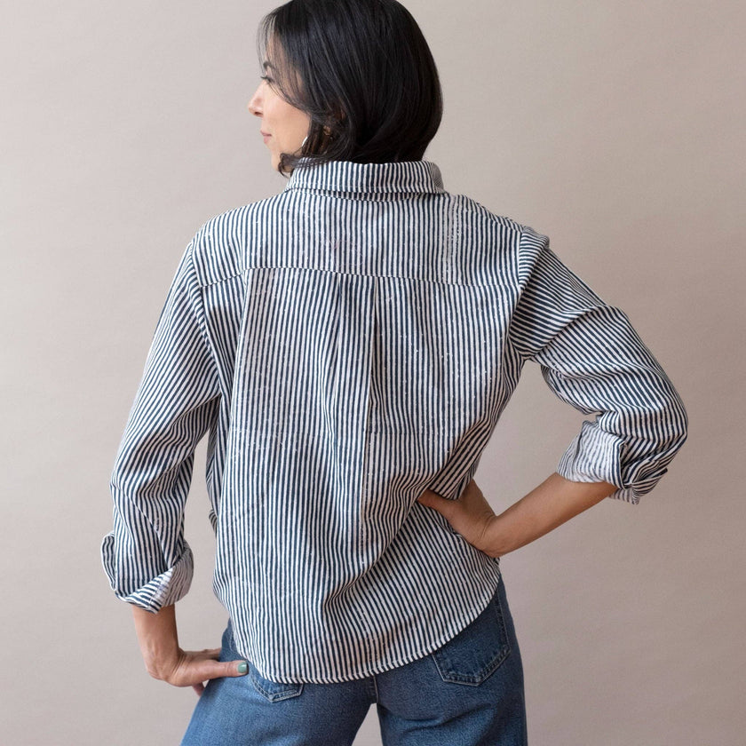 Pali Top- Stripes Navy in Double Cotton Gauze