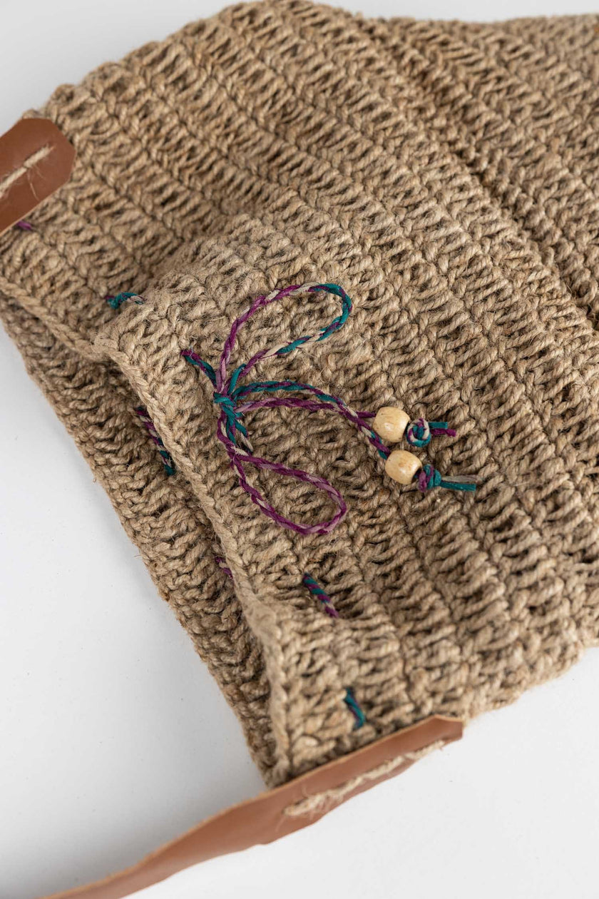 Jute Bucket Bag - Leather Strap