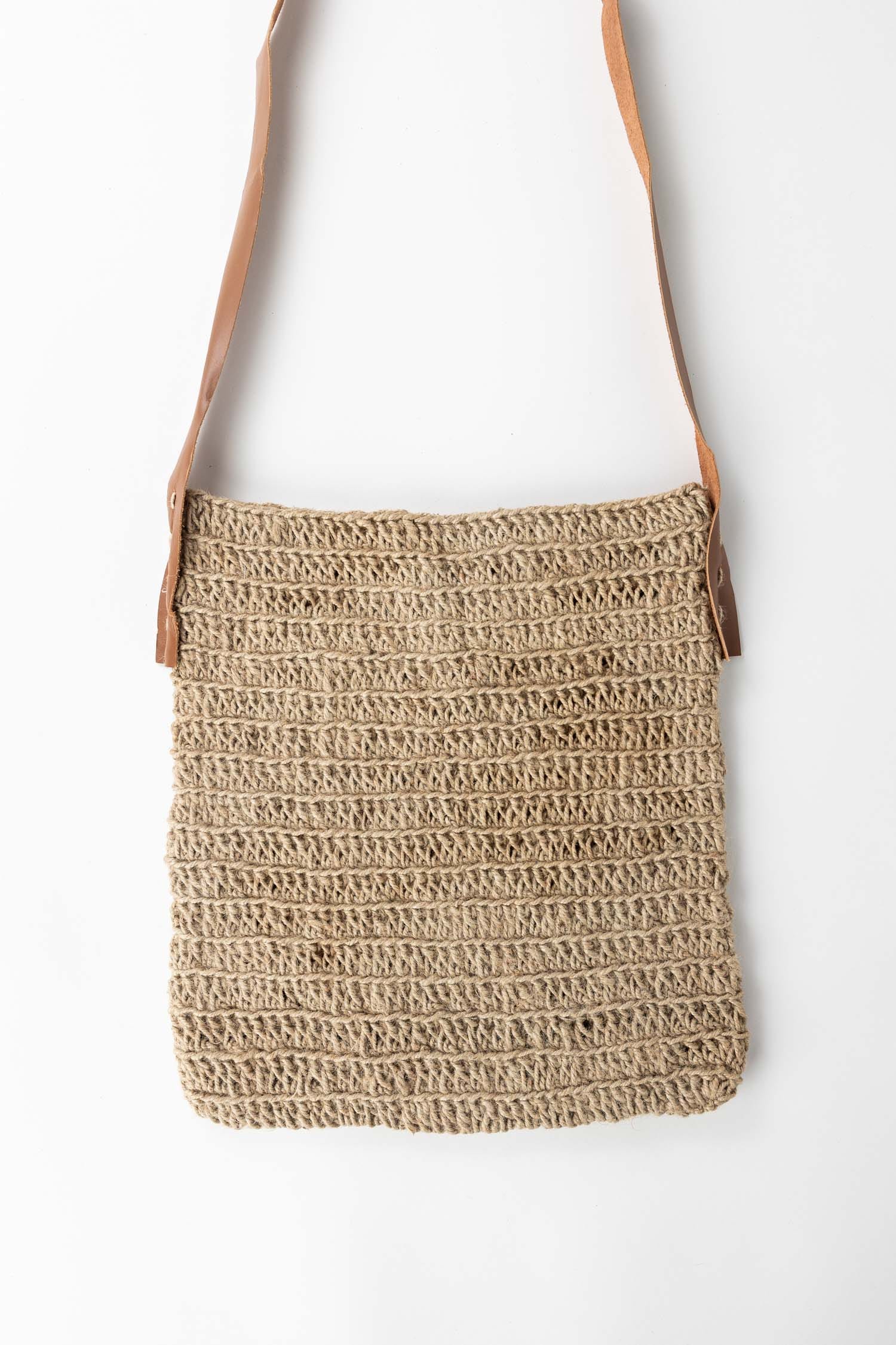 Crochet Jute Shoulder Bag - Leather Strap