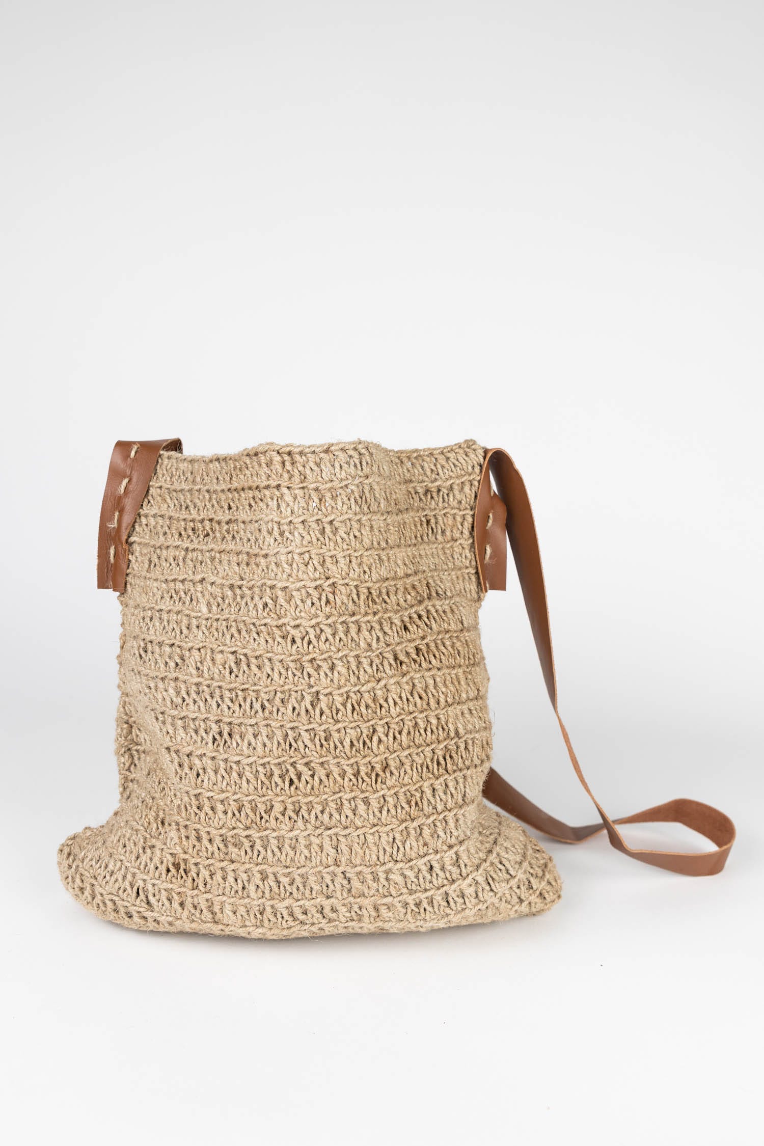 Crochet Jute Shoulder Bag - Leather Strap