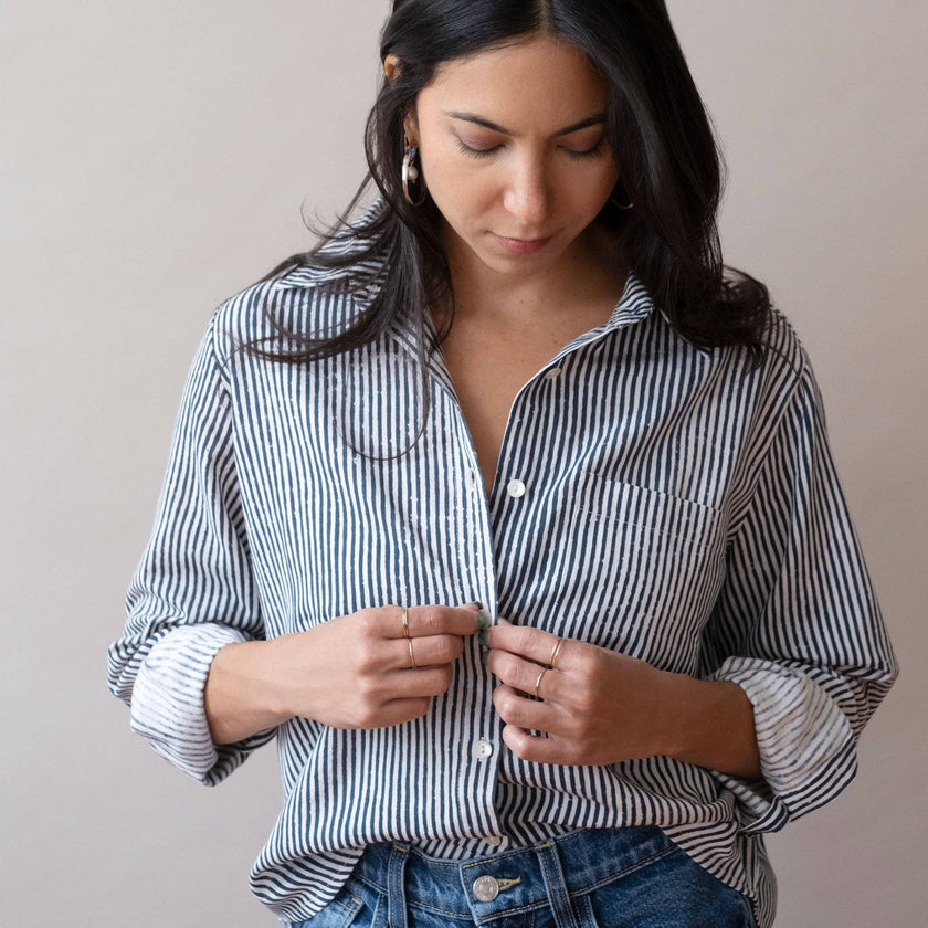 Pali Top- Stripes Navy in Double Cotton Gauze