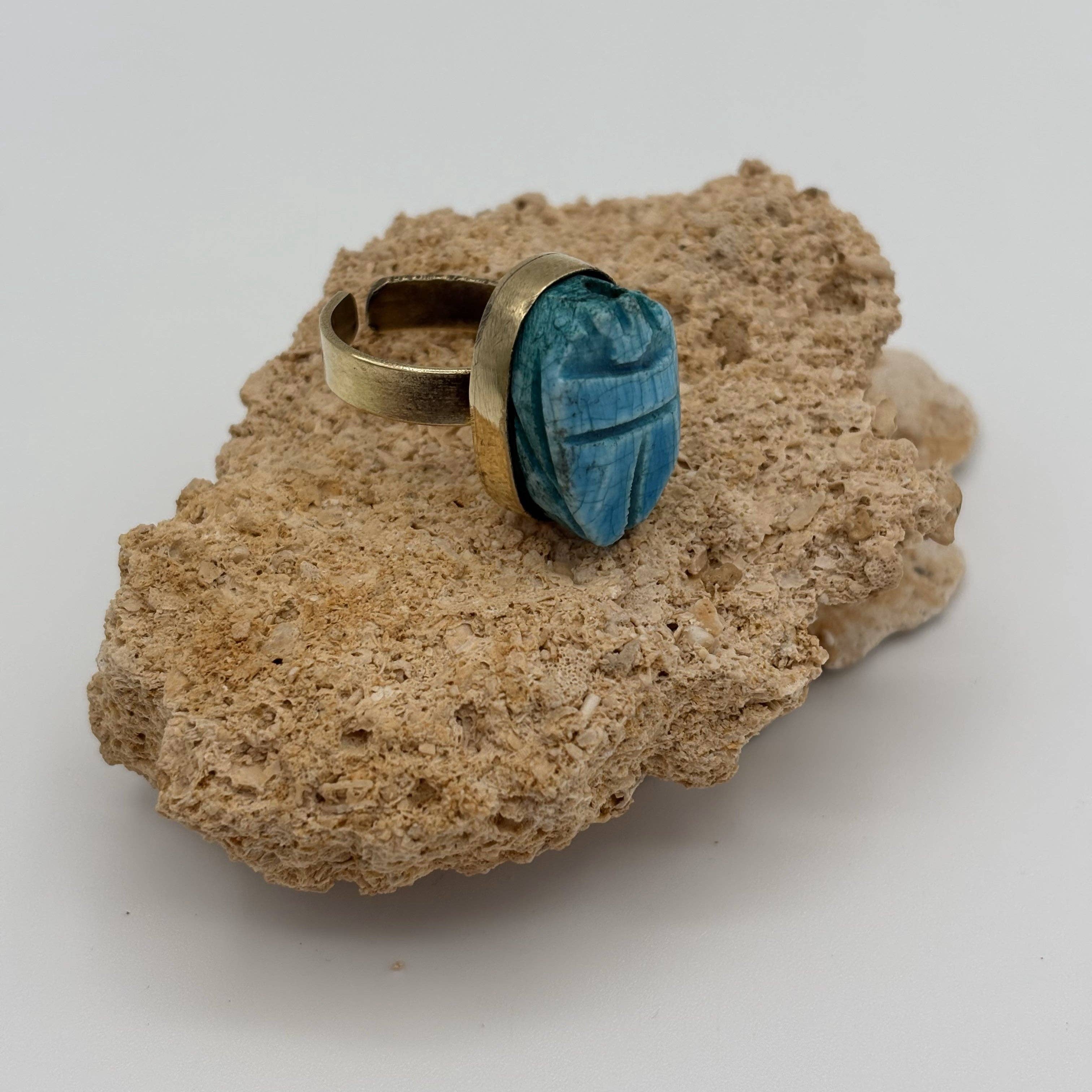 Handmade Brass Ring - Faience Scarab: Turquoise