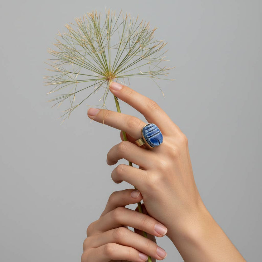 Handmade Brass Ring - Faience Scarab: Blue