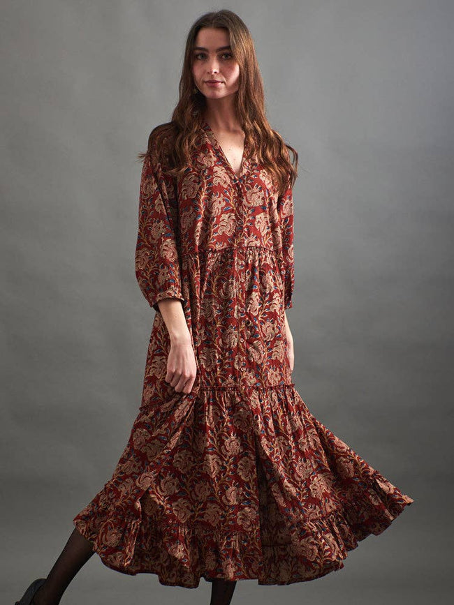 Britta Long Sleeve Tiered Dress Red Floral: Red Floral / L