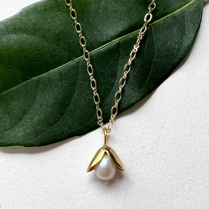 Acorn Pearl Necklace - Brass