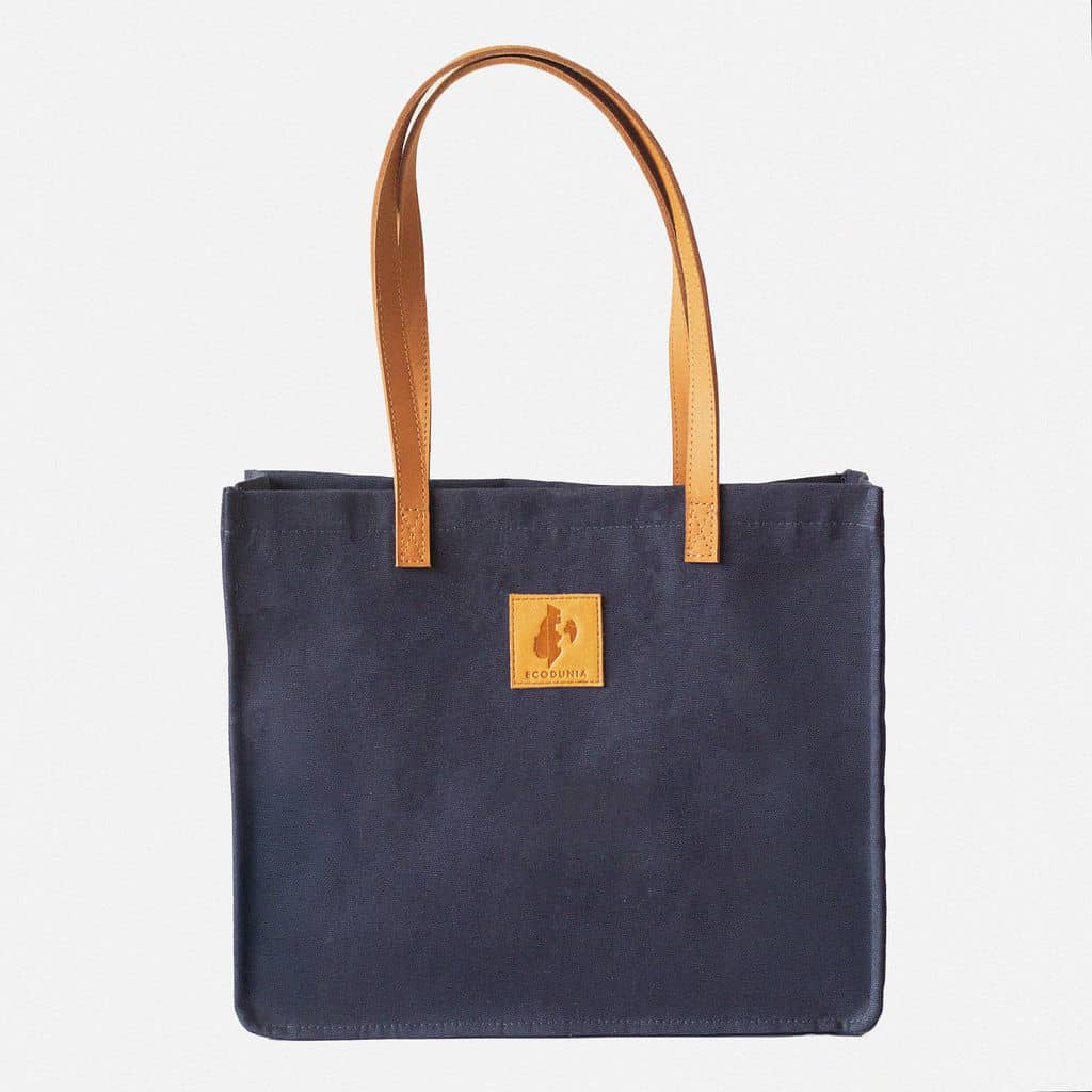Canvas Tote Bag – Leather Handle Shoulder Bag: Navy blue