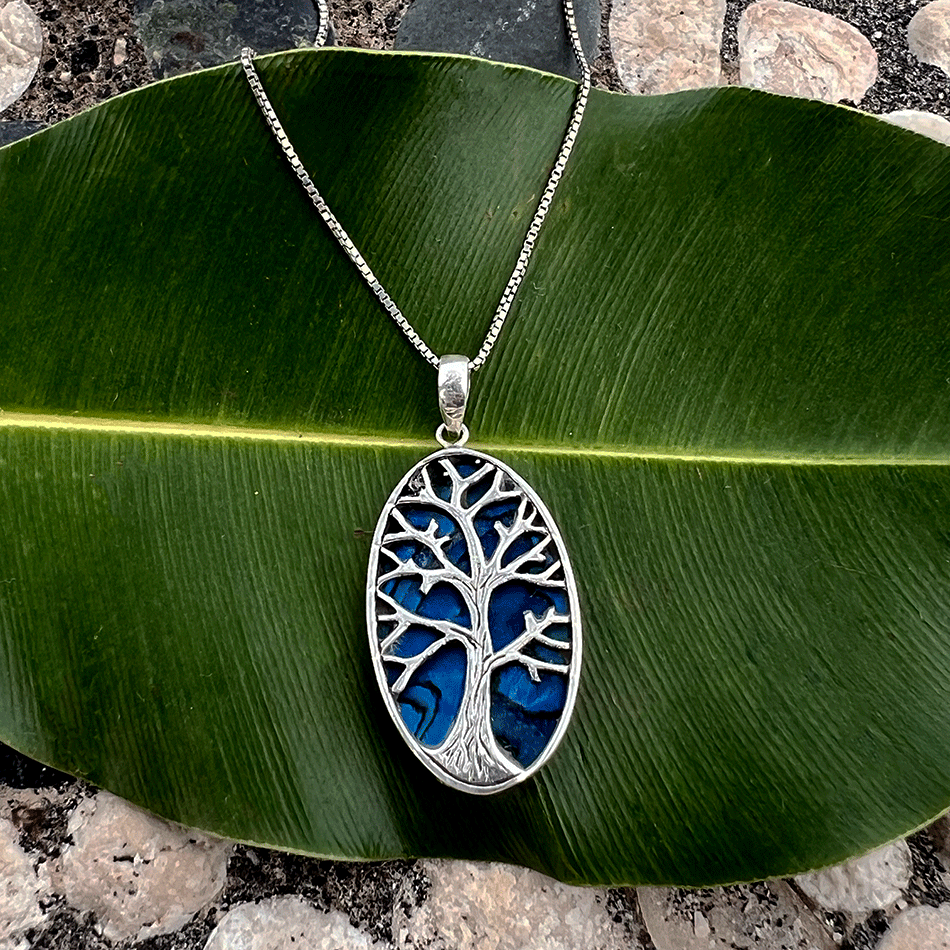 Blue Abalone Tree Of Life Necklace - Sterling Silver, Indonesia