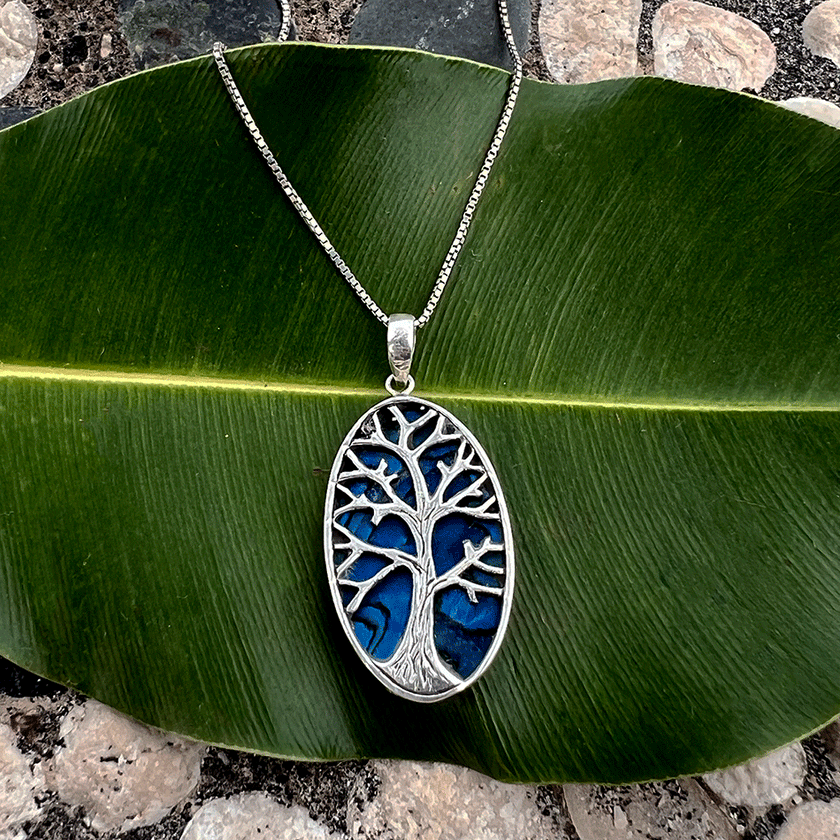 Blue Abalone Tree Of Life Necklace - Sterling Silver, Indonesia