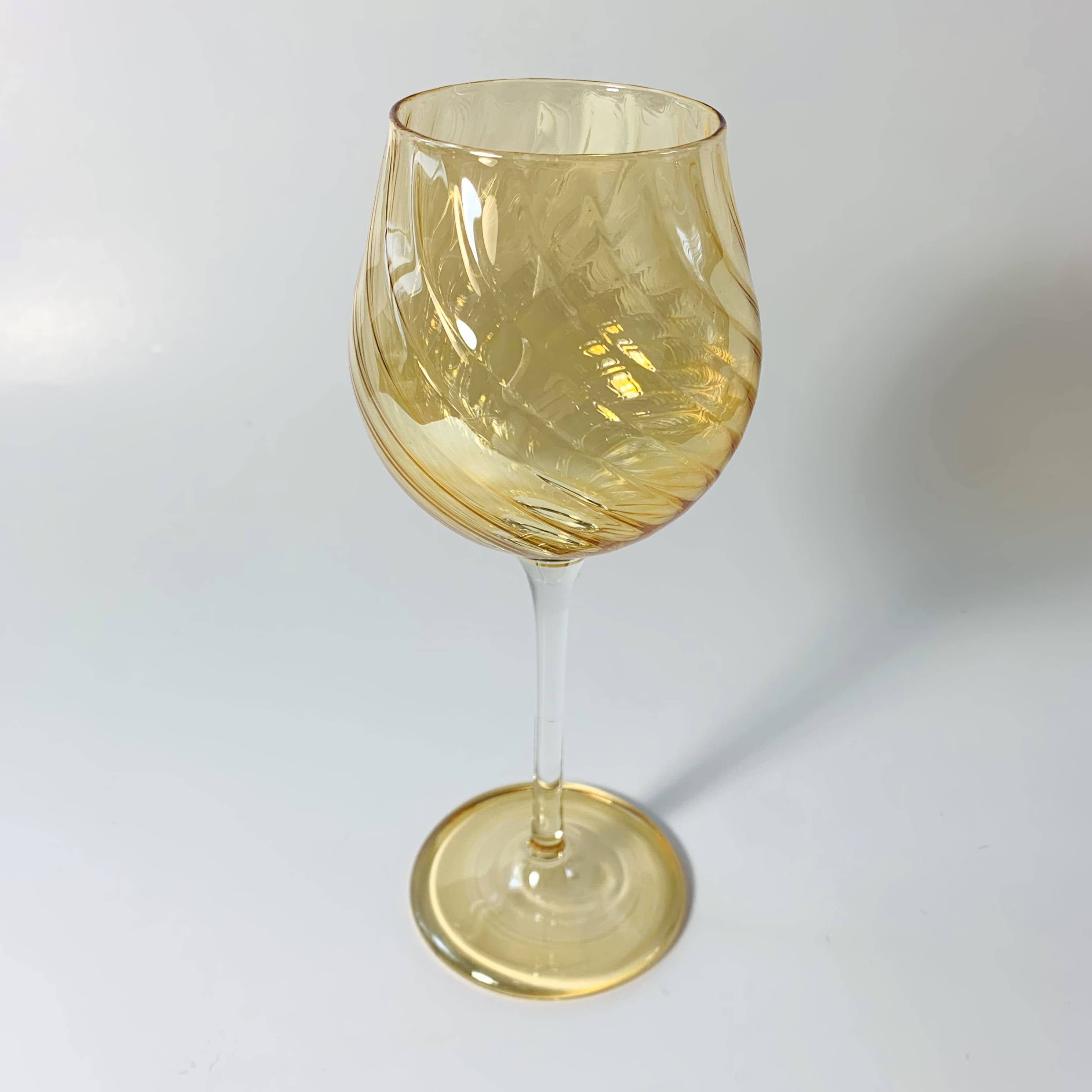 Blown Glass Long Stem Wine Glass: Iridescent Amber
