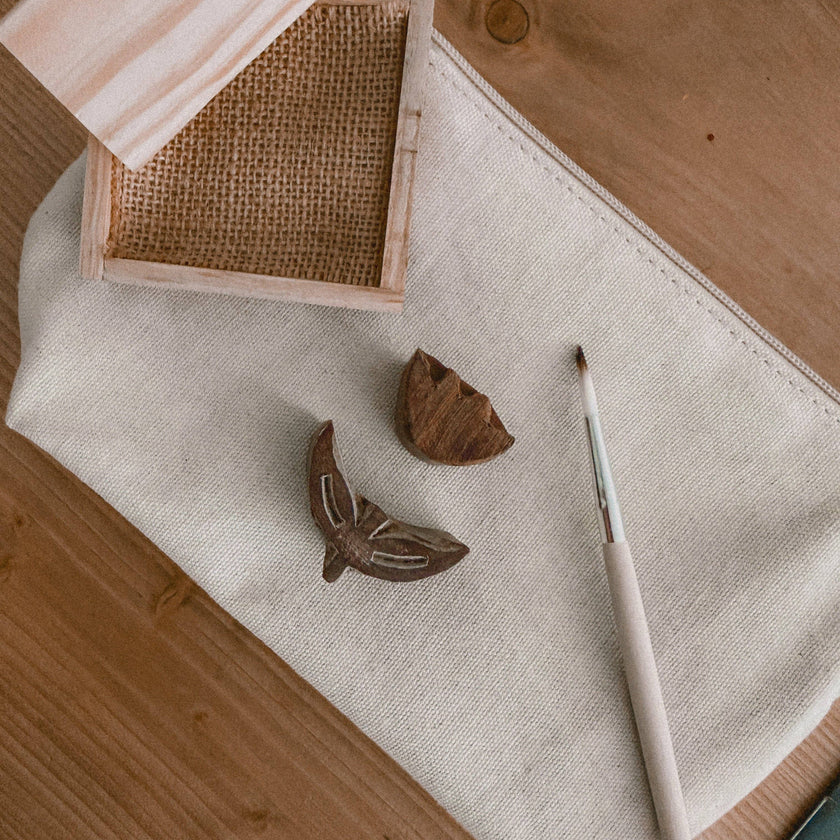 Block Printing Pouch Kit - Tulip Print | Hand-Carved Wood Blocks + Canvas Zip Pouch