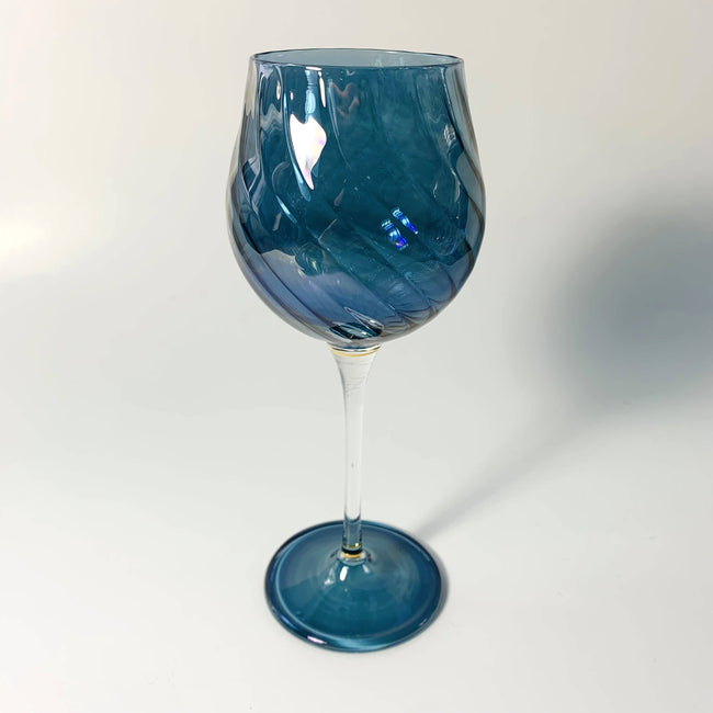 Blown Glass Long Stem Wine Glass: Iridescent Blue