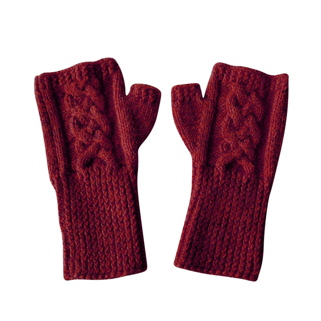 Cable Fingerless Mittens - Cranberry