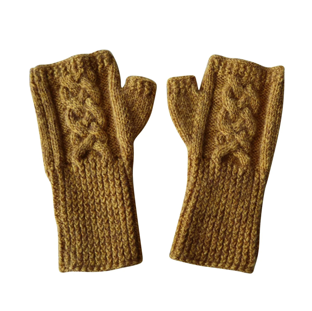Cable Fingerless Mittens - Gold