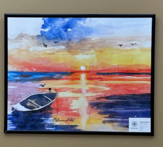 Sunset with Boat Watercolor Art