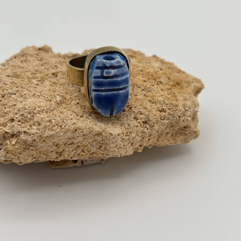 Handmade Brass Ring - Faience Scarab: Turquoise