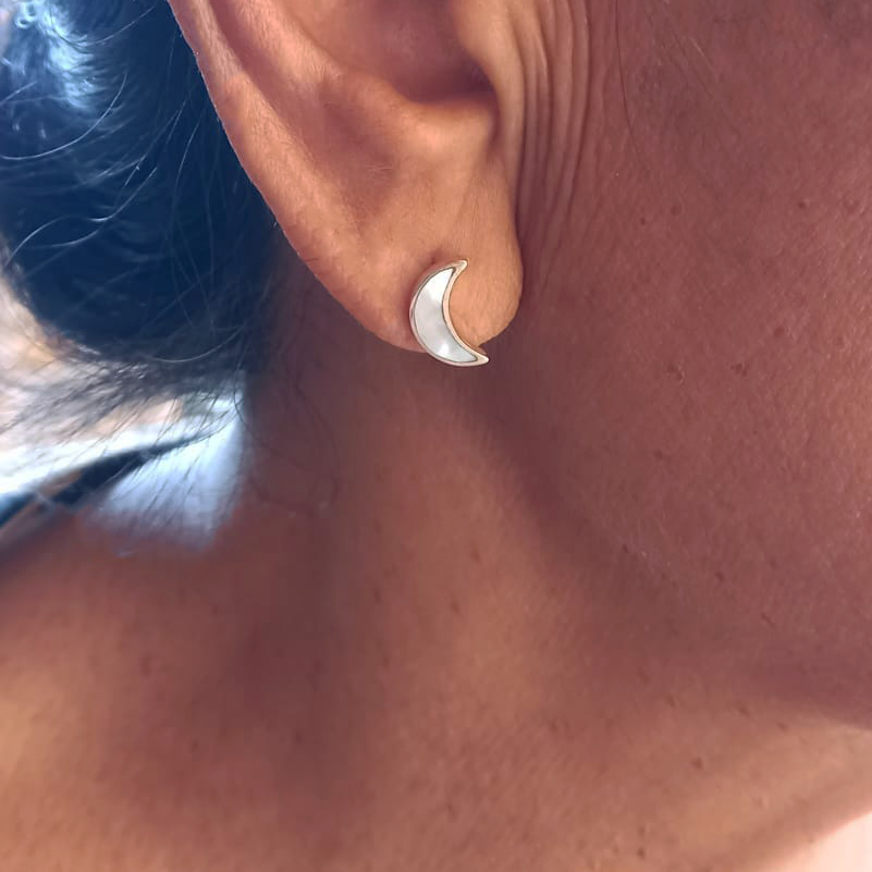 Mother-of-Pearl Moon Studs - Sterling Silver, Indonesia