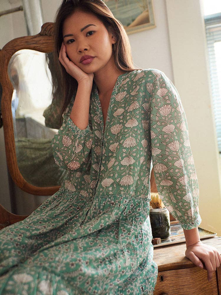 Britta Long Sleeve Tiered Dress Aegean Teal Mix: Aegean Teal Mix / L