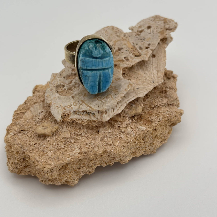 Handmade Brass Ring - Faience Scarab: Turquoise