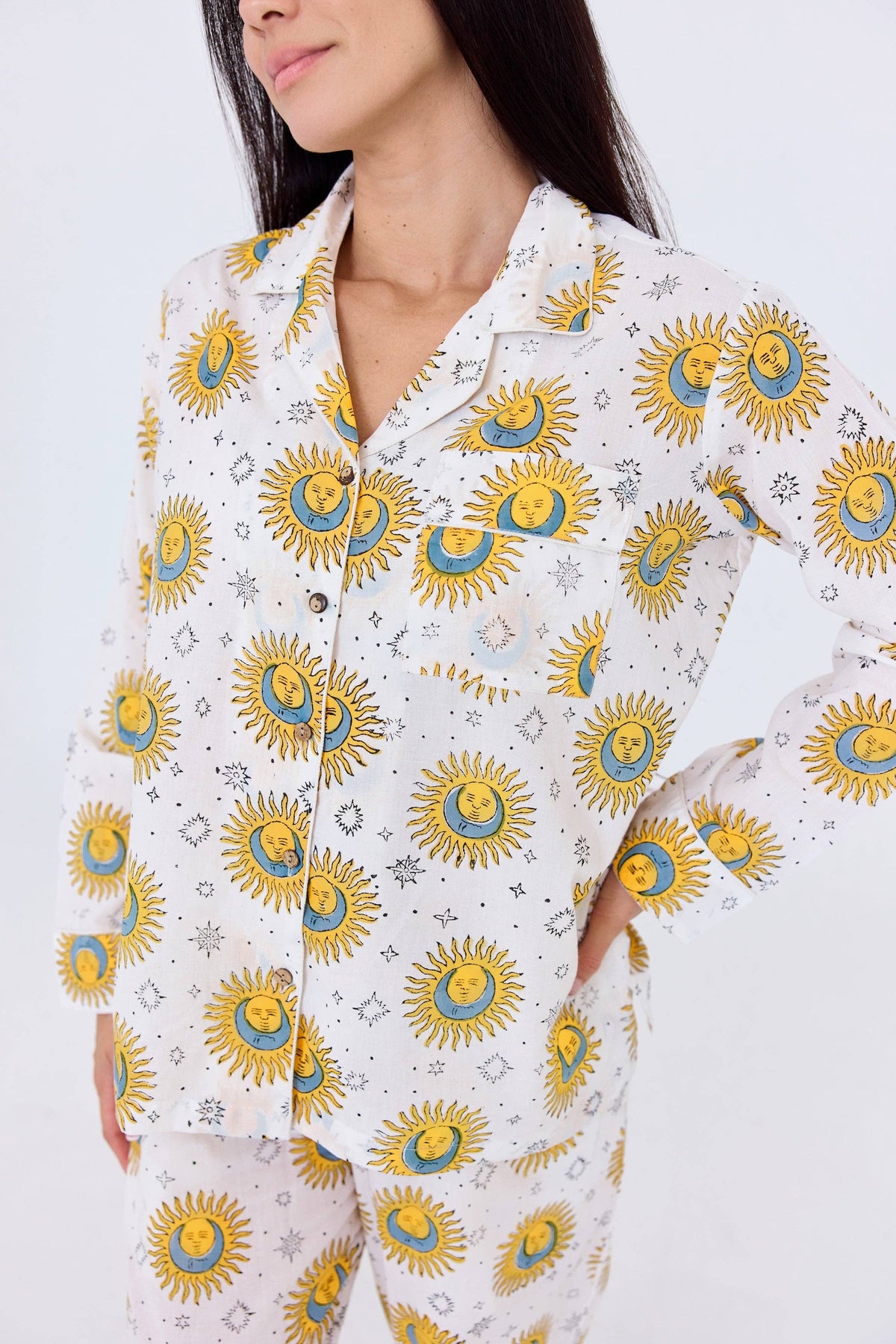 Long-Sleeved Block Printed Cotton Pajama Sets with Pants: Solar