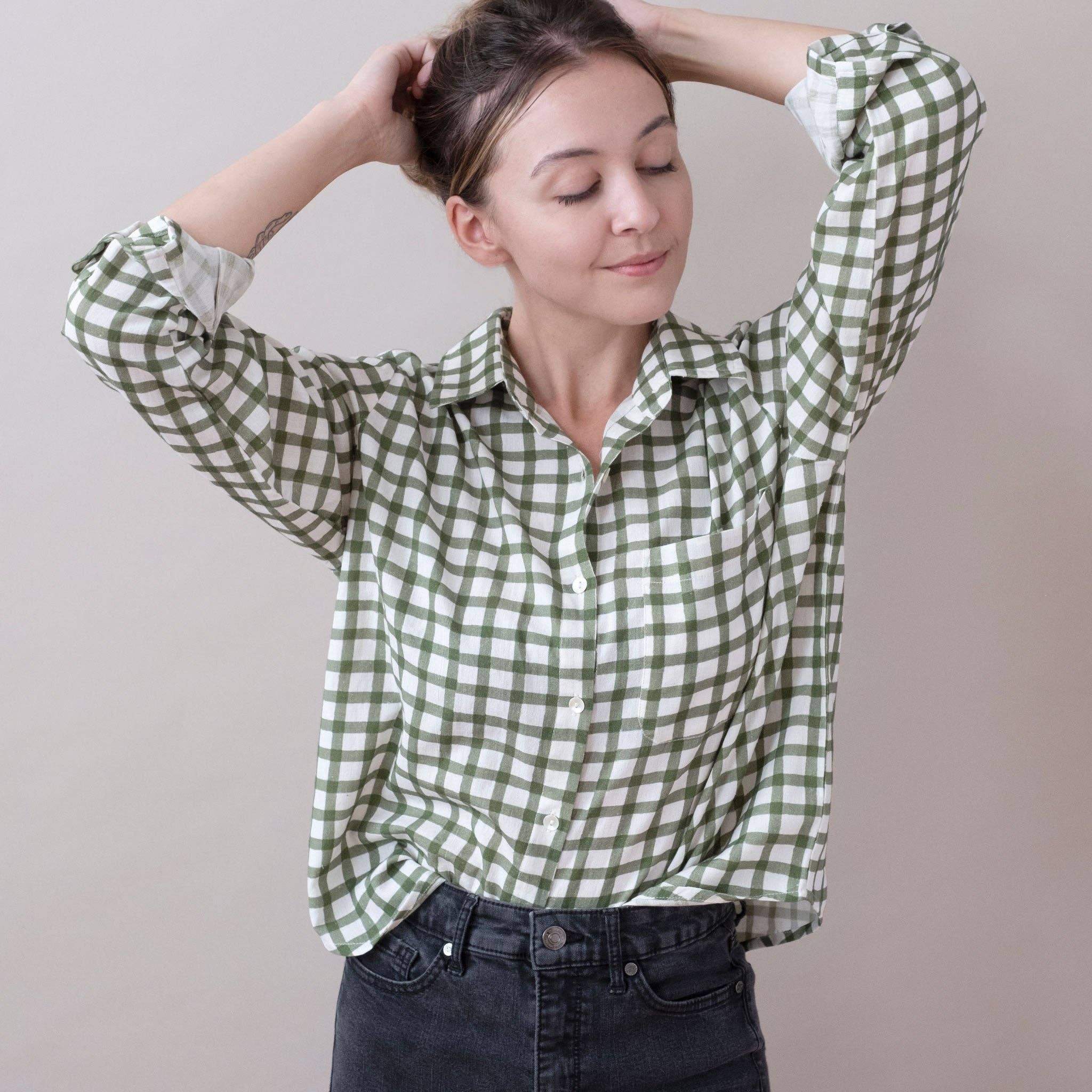 Pali Top- Gingham Forest in Double Cotton Gauze