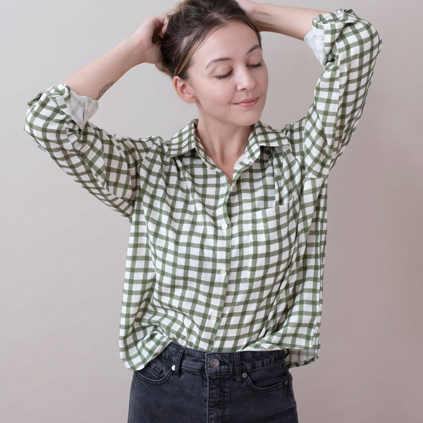 Pali Top- Gingham Forest in Double Cotton Gauze