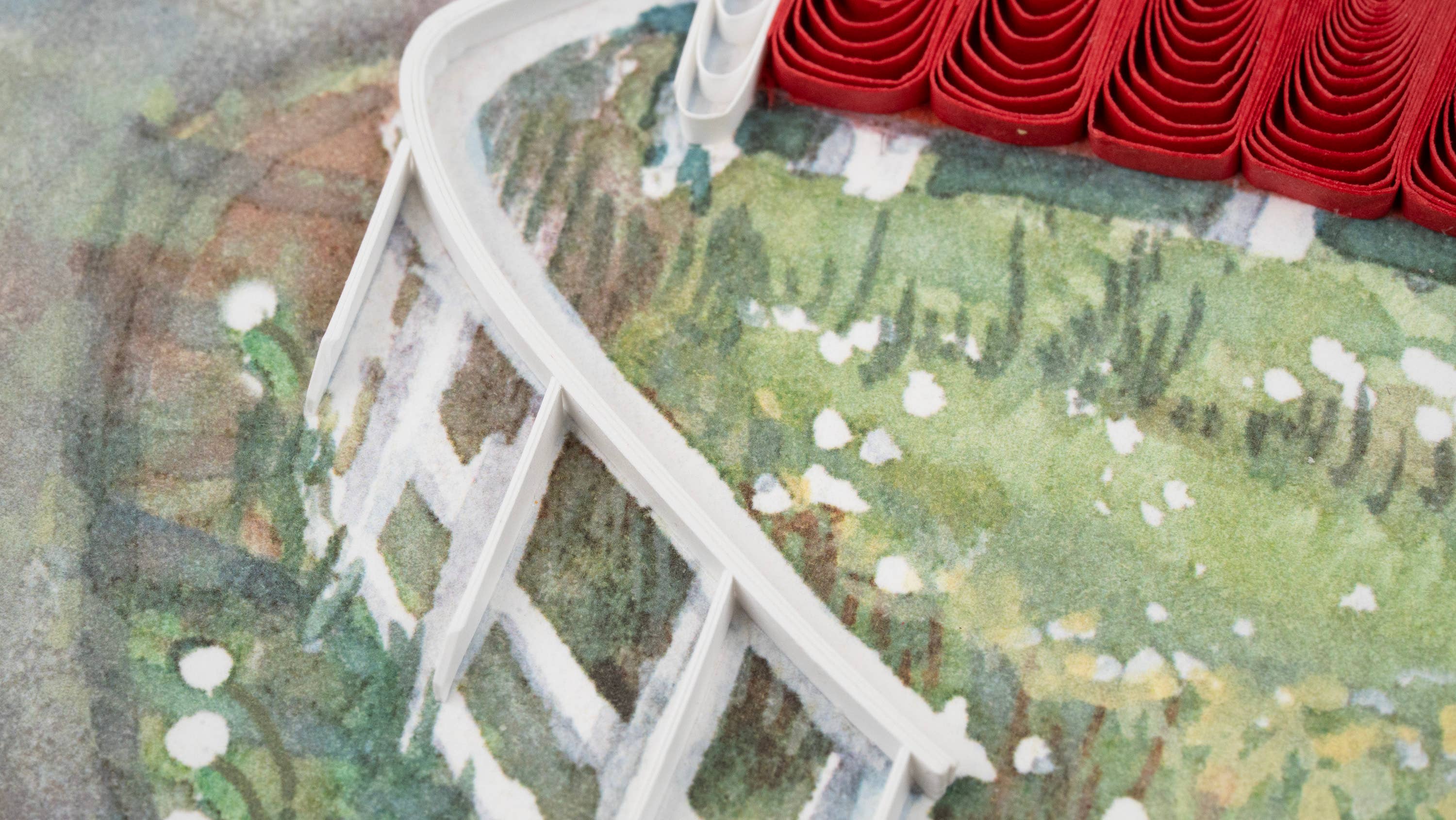 Quilled Red Covered Bridge Greeting Card