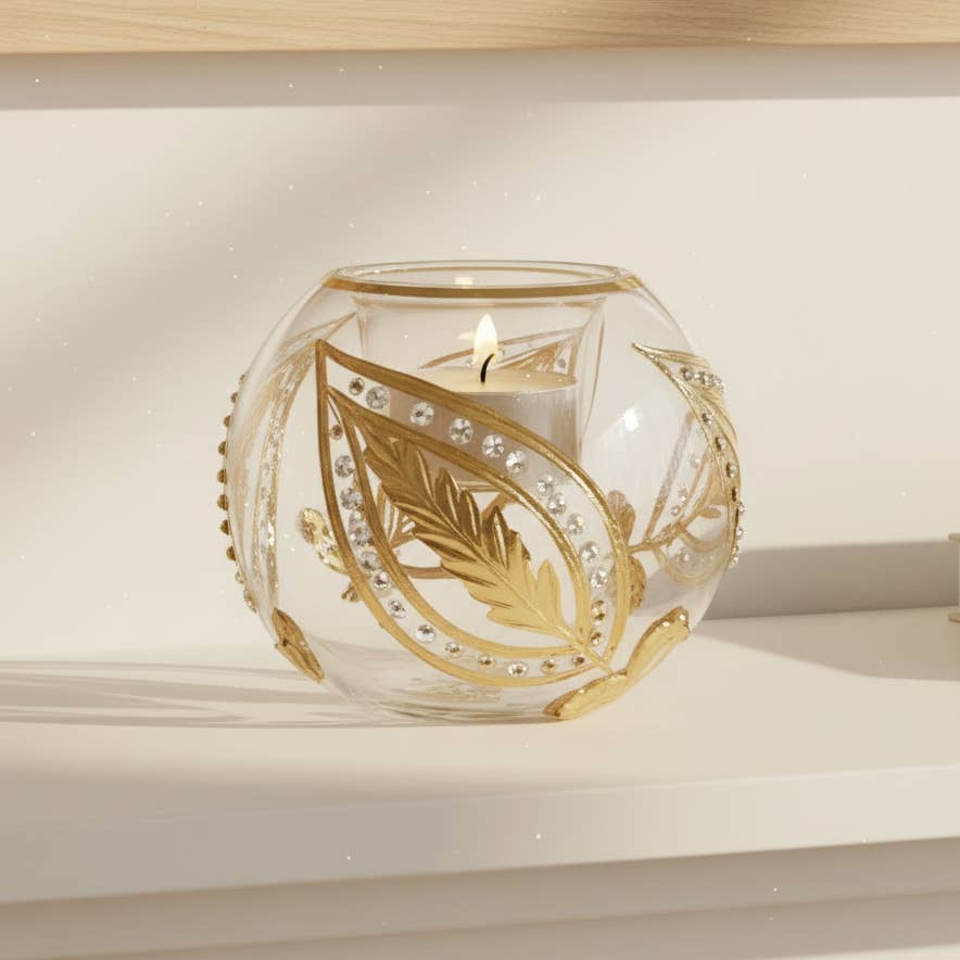Blown Glass Candle Holder - Paisley Gold