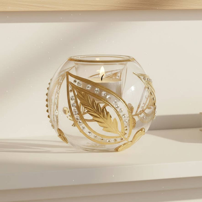 Blown Glass Candle Holder - Paisley Gold