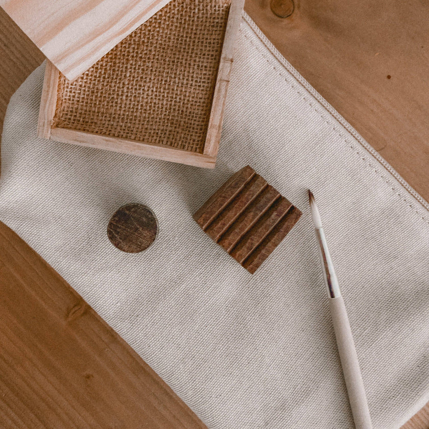 Block Printing Pouch Kit - Check & Dot Print | Hand-Carved Wood Blocks + Canvas Zip Pouch