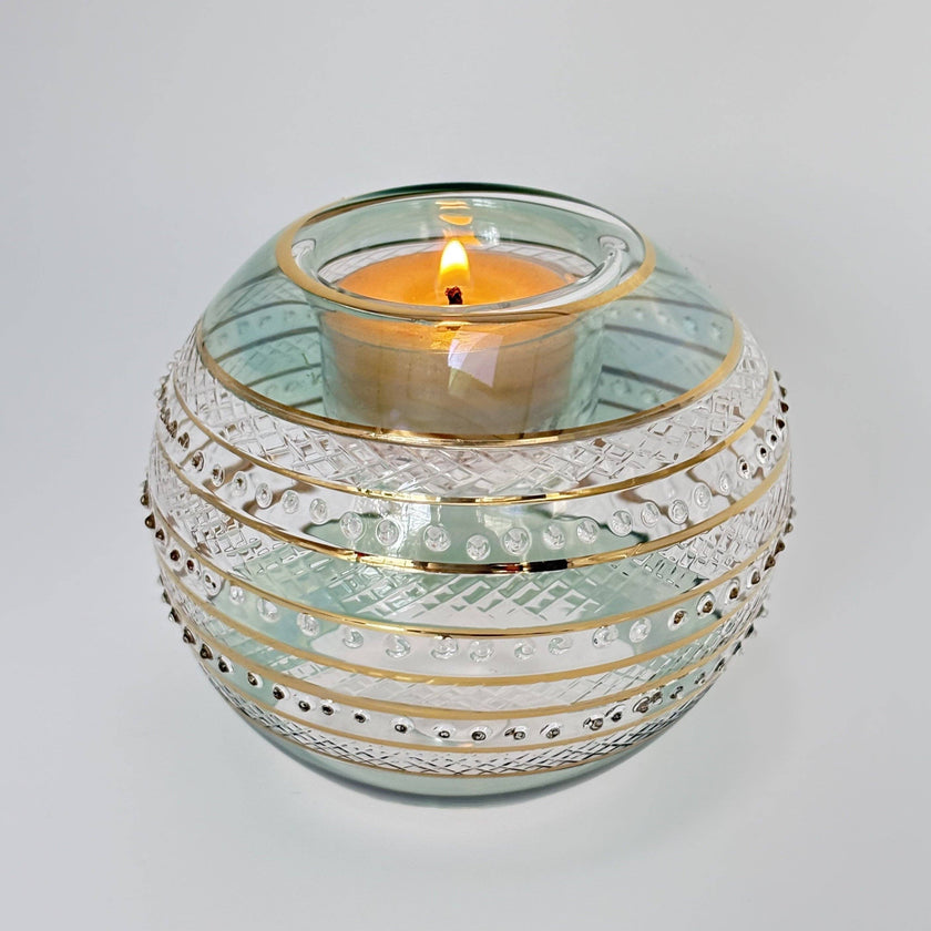 Blown Glass Candle Holder - Sparkle Rings with Green Rim