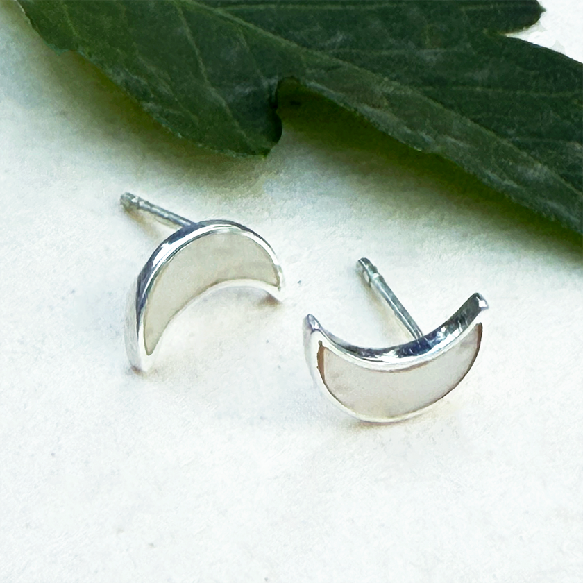 Mother-of-Pearl Moon Studs - Sterling Silver, Indonesia